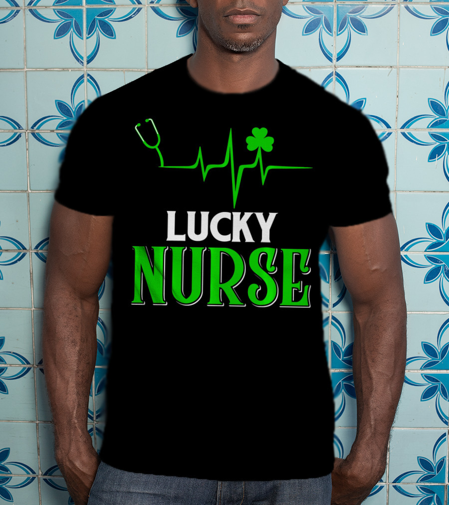LUCKY NURSE Stethoscope Shamrock Heartbeat T-Shirt