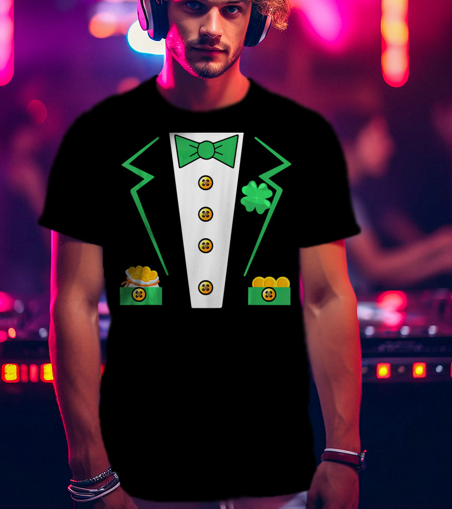 St. Patrick's Day Leprechaun Tuxedo With Shamrock And Coin Boxes T-Shirt