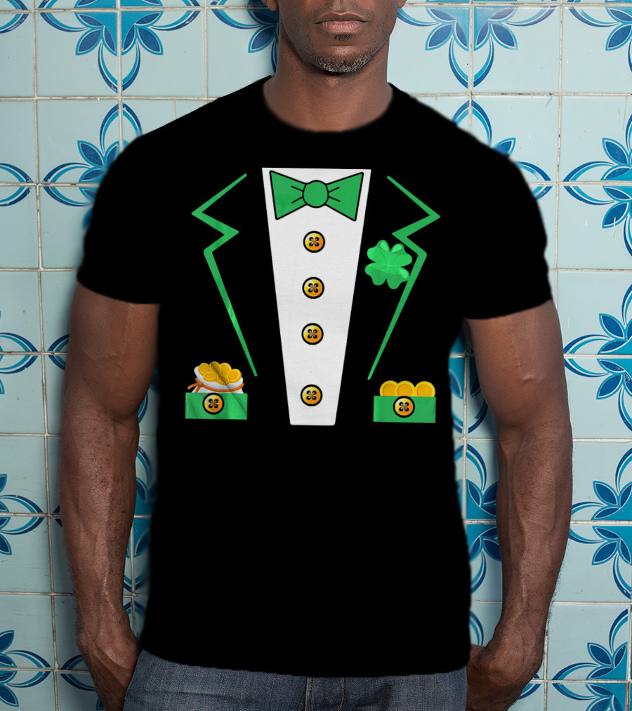 St. Patrick's Day Leprechaun Tuxedo With Shamrock And Coin Boxes T-Shirt