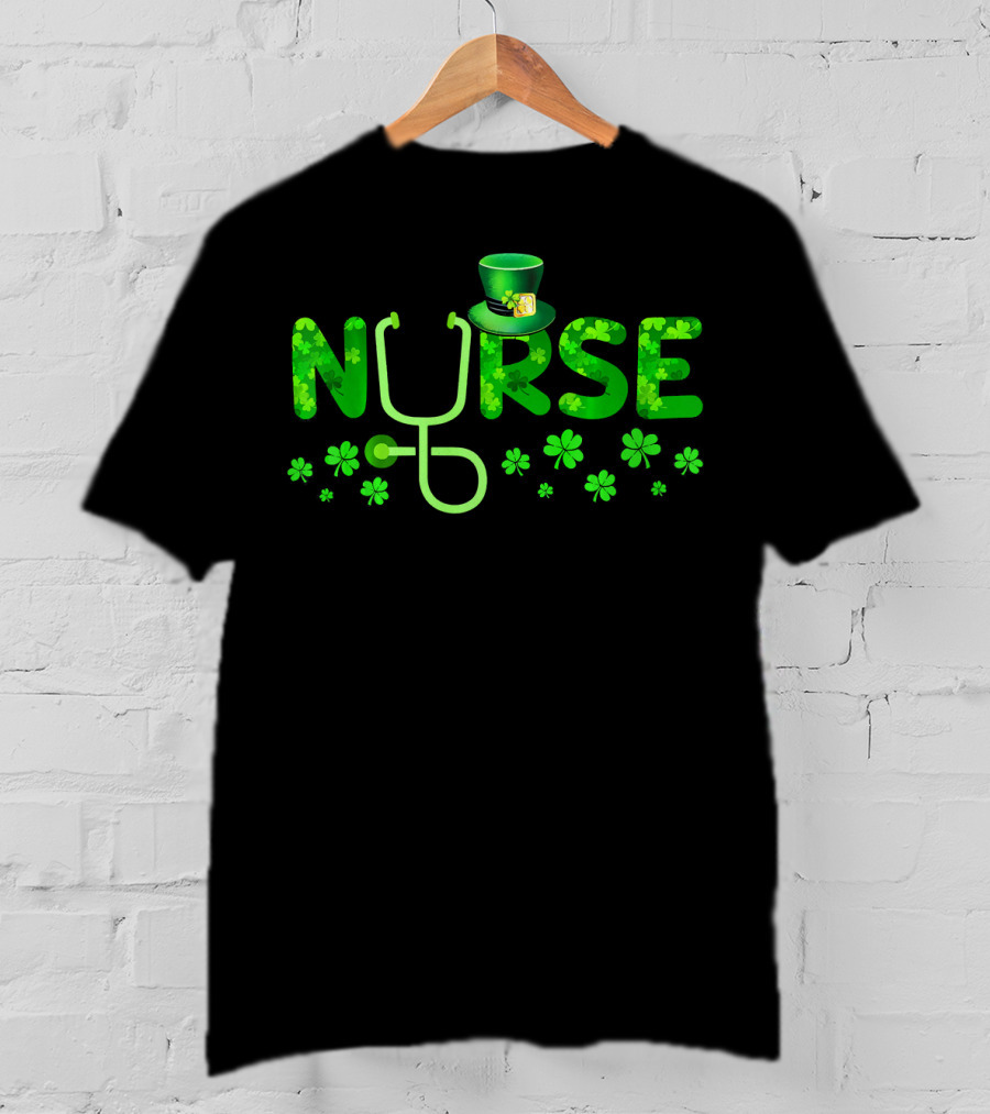 Nurse Shamrock Leprechaun Hat Stethoscope Clover T-Shirt