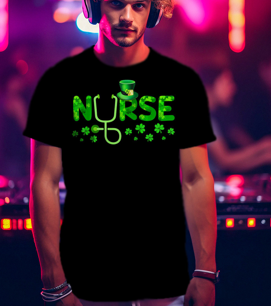 Nurse Shamrock Leprechaun Hat Stethoscope Clover T-Shirt
