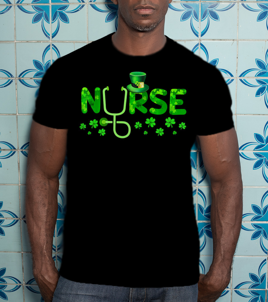 Nurse Shamrock Leprechaun Hat Stethoscope Clover T-Shirt