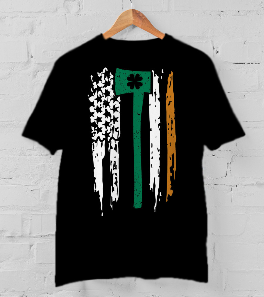 Irish Boston Firefighter Shamrock Axe Flag T-Shirt
