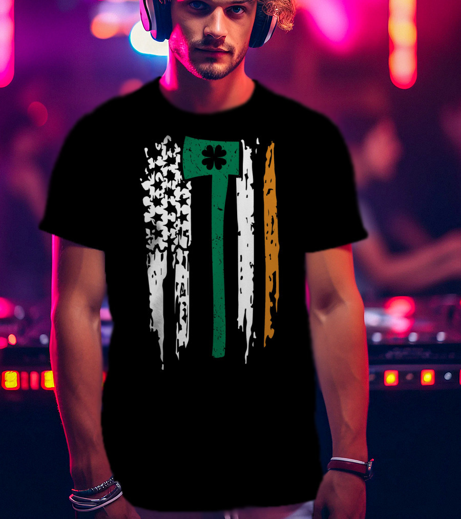 Irish Boston Firefighter Shamrock Axe Flag T-Shirt