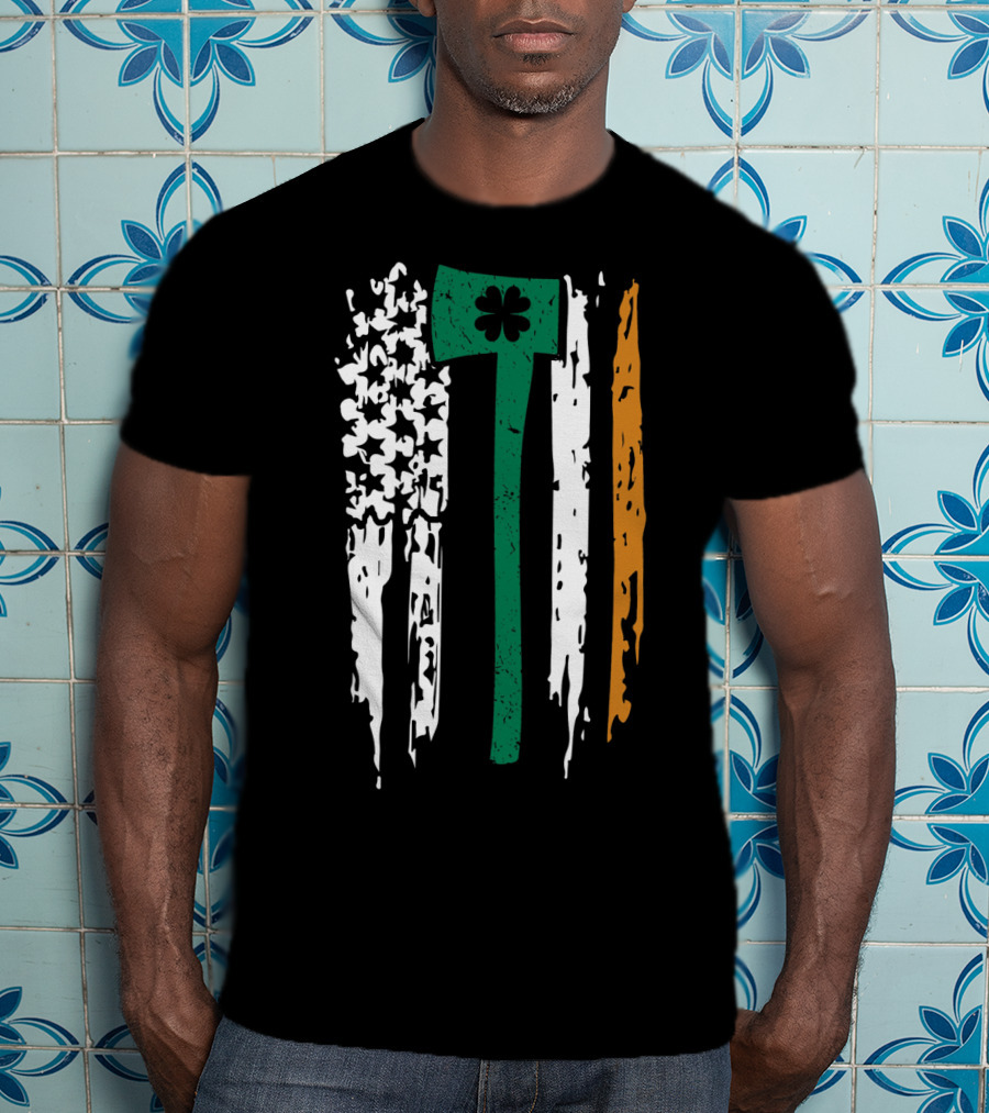 Irish Boston Firefighter Shamrock Axe Flag T-Shirt