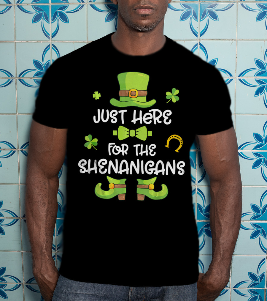 Just Here For The Shenanigans Leprechaun Dance Shamrock Gold T-Shirt