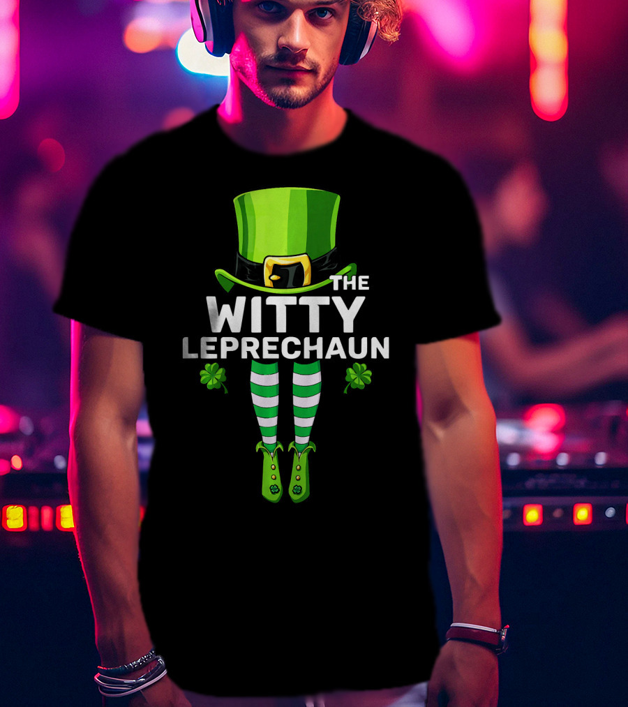 The Witty Leprechaun Green Hat Striped Socks Clover Charm T-Shirt