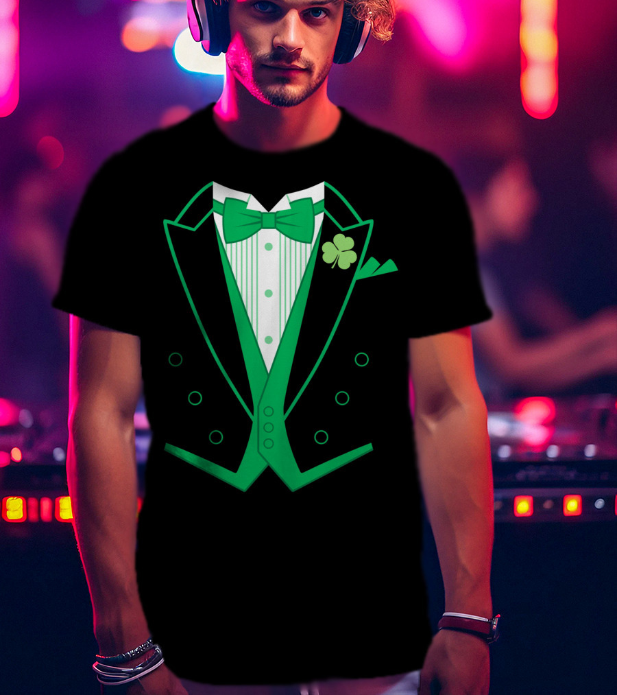 Green Bow Tie And Clover Tuxedo T-Shirt