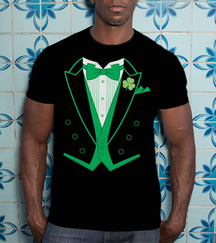 Green Bow Tie And Clover Tuxedo T-Shirt