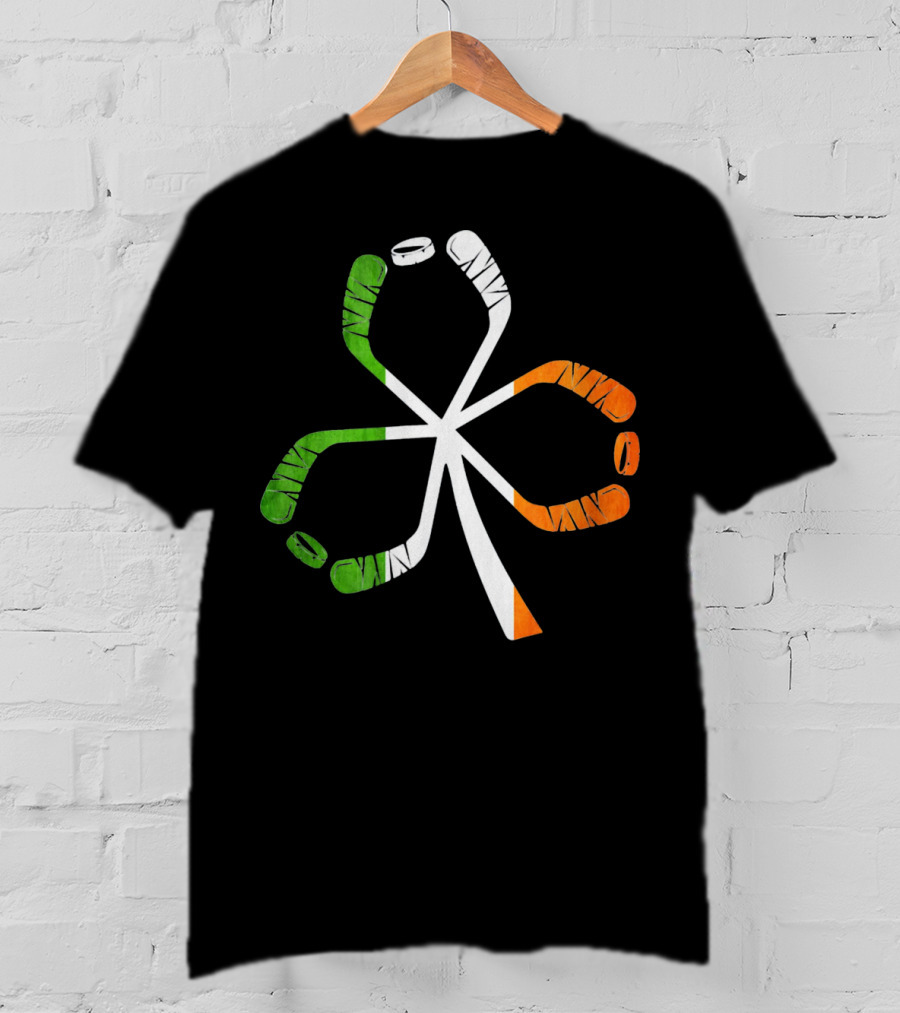 Ice Hockey Shamrock Green White Orange Sticks T-Shirt