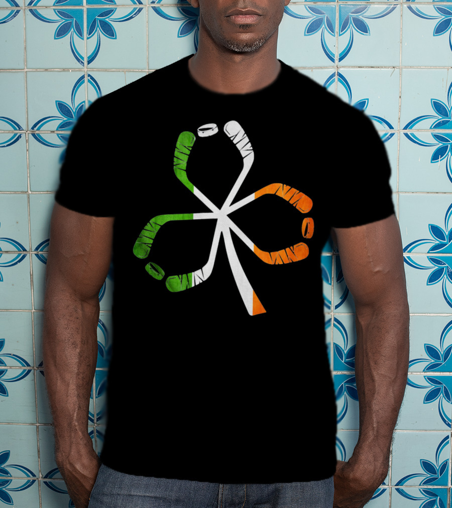 Ice Hockey Shamrock Green White Orange Sticks T-Shirt