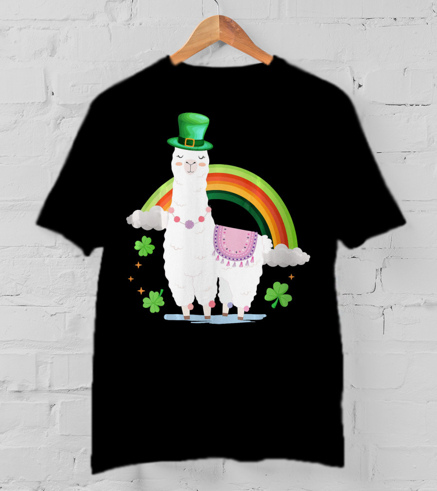 Llama St Patricks Day Rainbow Leprechaun Hat With Shamrocks T-Shirt