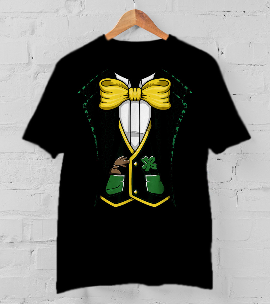 Leprechaun Costume Green Suit With Yellow Bow Tie And Shamrock Details T-Shirt