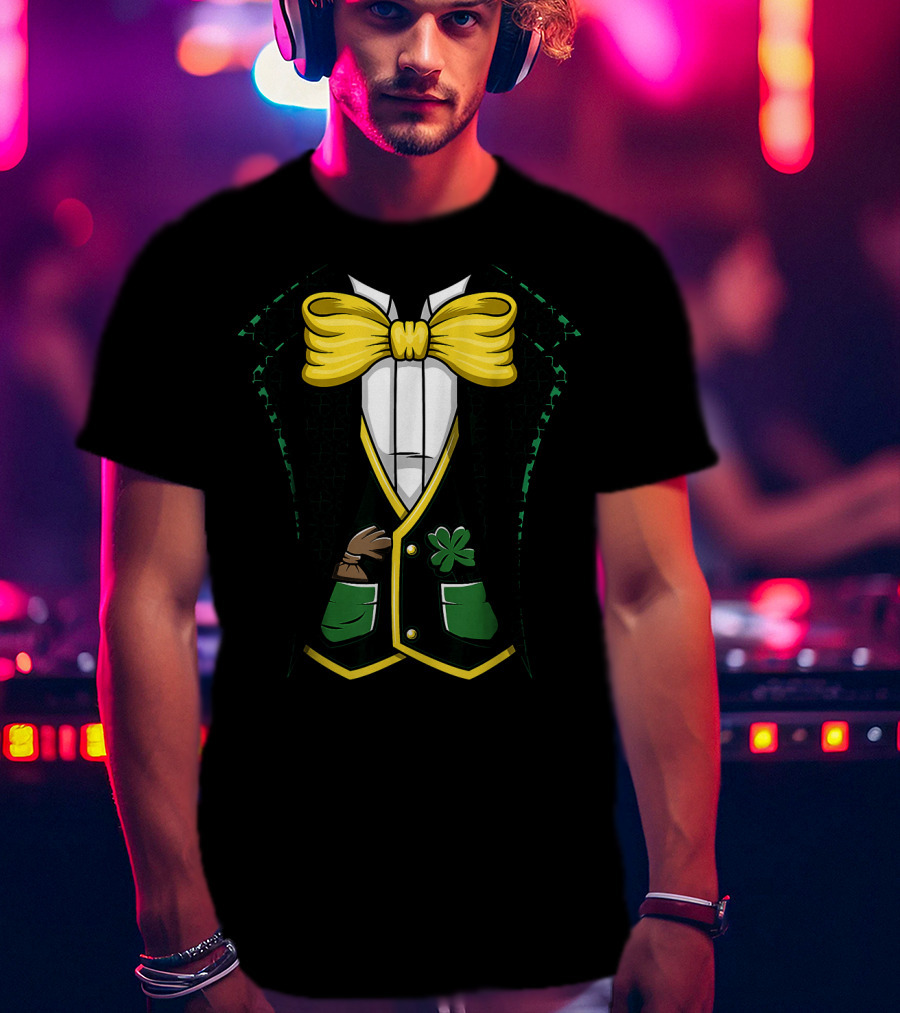 Leprechaun Costume Green Suit With Yellow Bow Tie And Shamrock Details T-Shirt