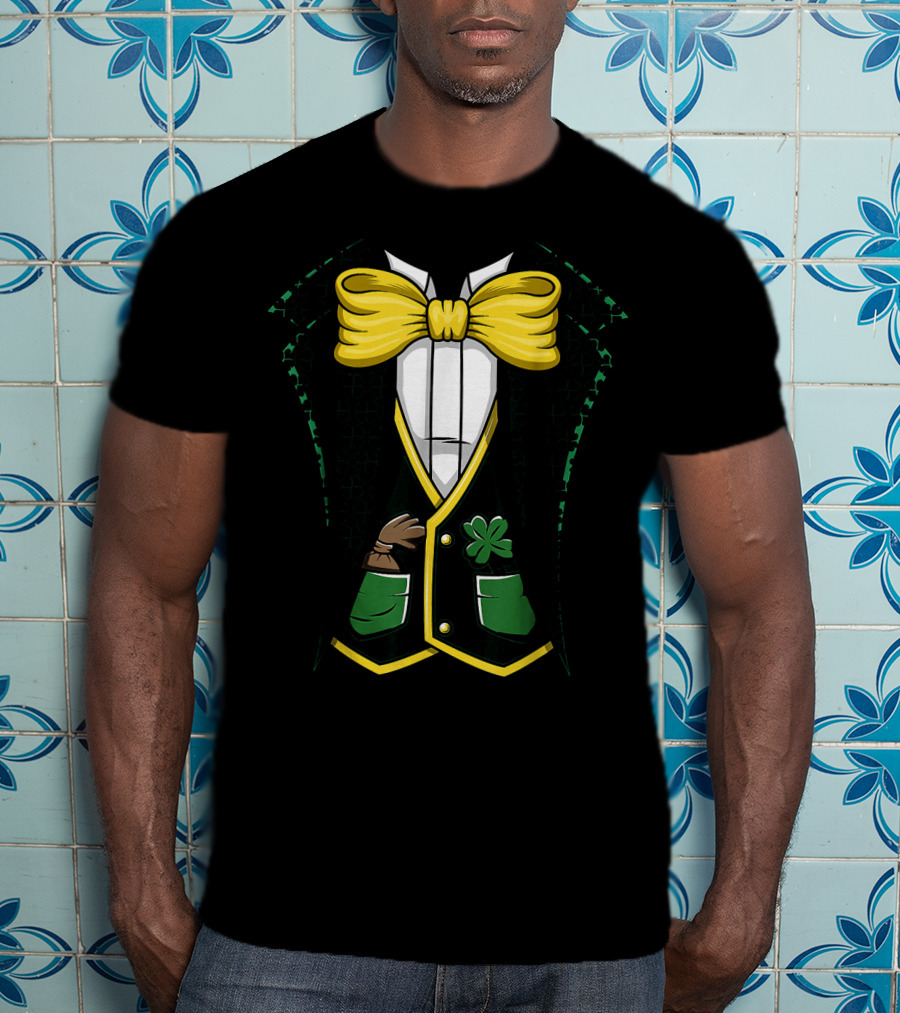 Leprechaun Costume Green Suit With Yellow Bow Tie And Shamrock Details T-Shirt