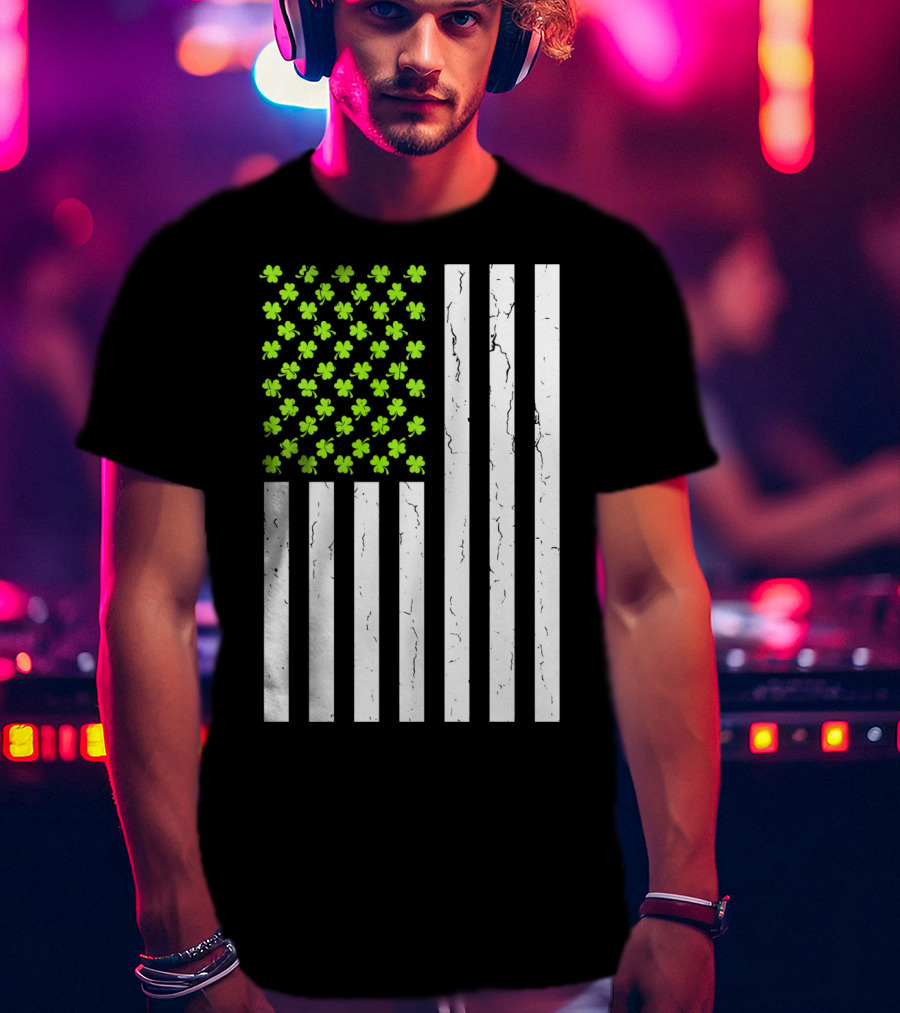 St Patricksday Shamrock American Flag T-Shirt