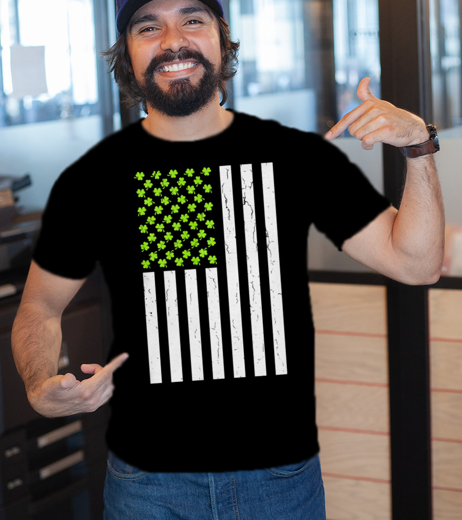 St Patricksday Shamrock American Flag T-Shirt