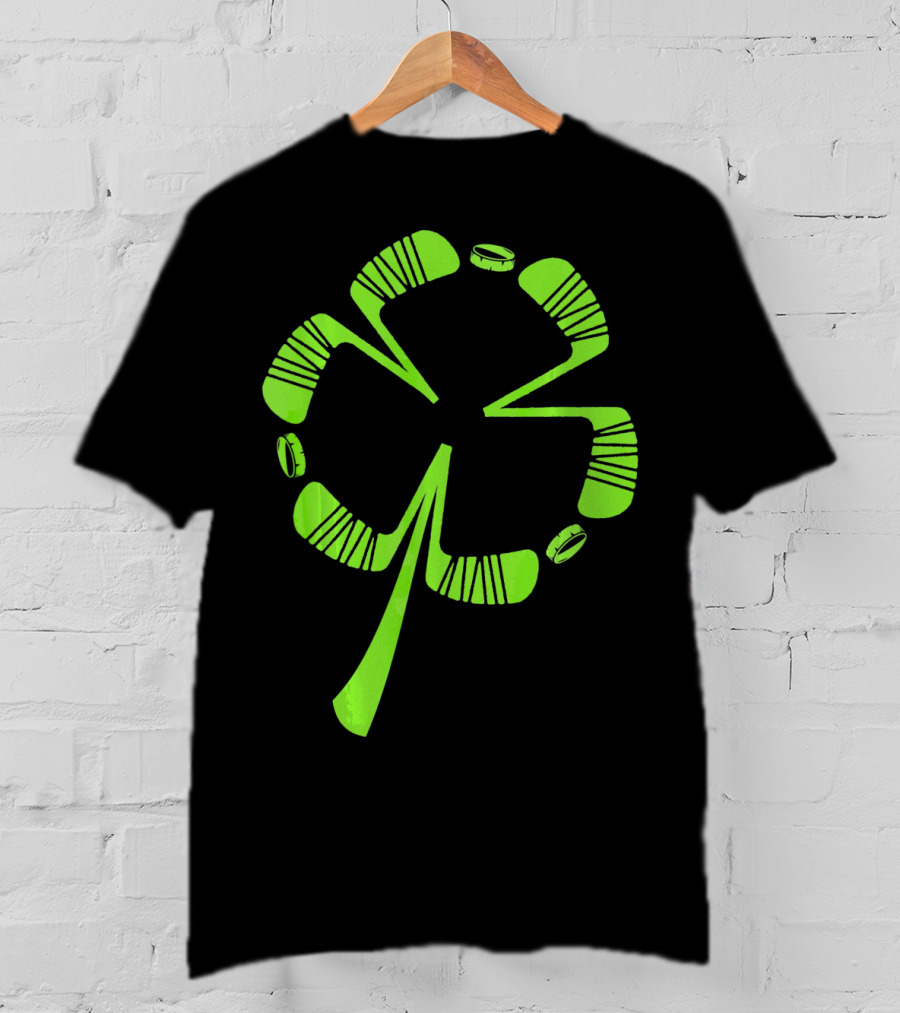 Ice Hockey Shamrock Saint Patrick's Day Hat Stick Puck Clover T-Shirt
