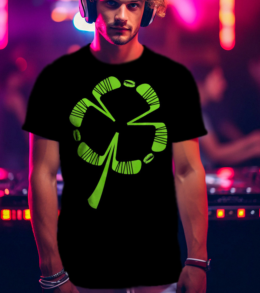 Ice Hockey Shamrock Saint Patrick's Day Hat Stick Puck Clover T-Shirt