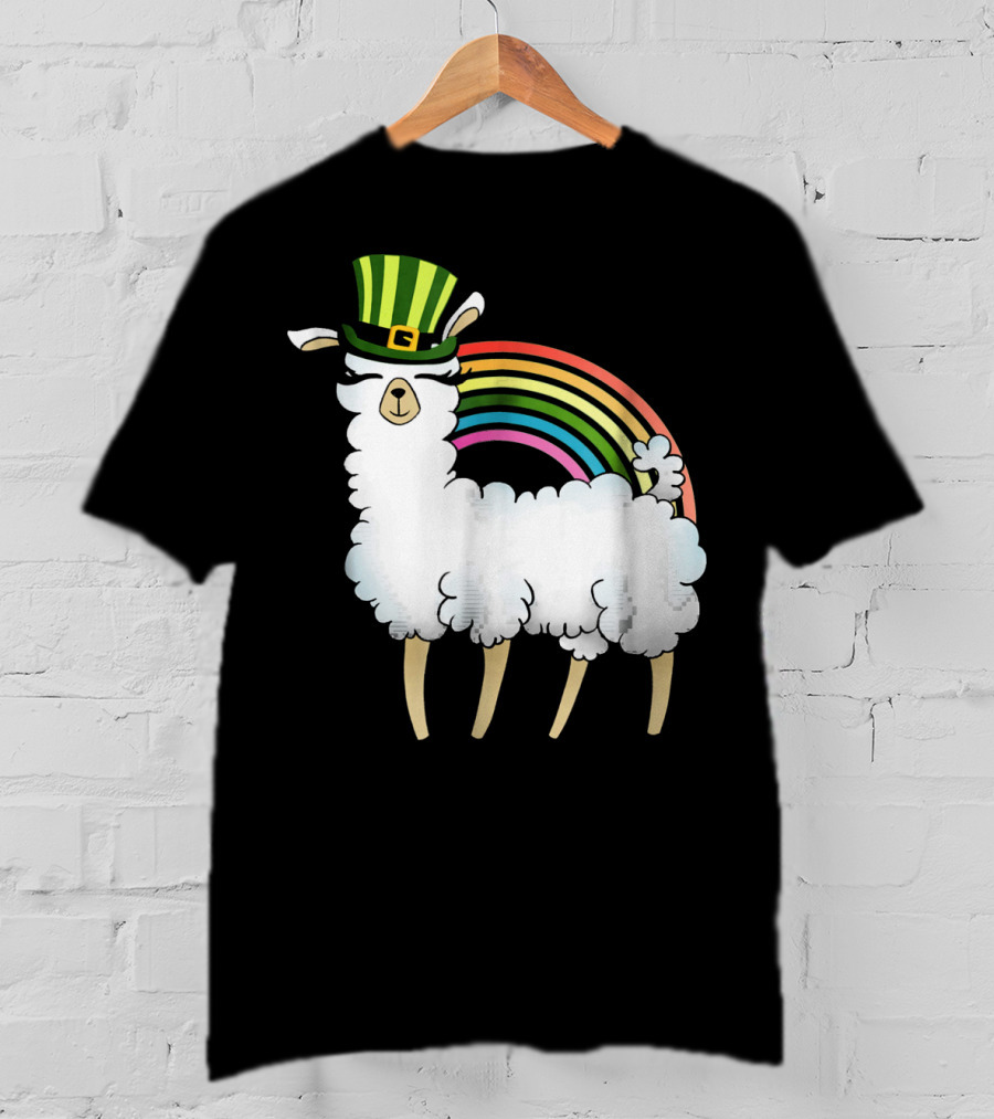 Llama In St Patrick's Day Hat With Rainbow T-Shirt