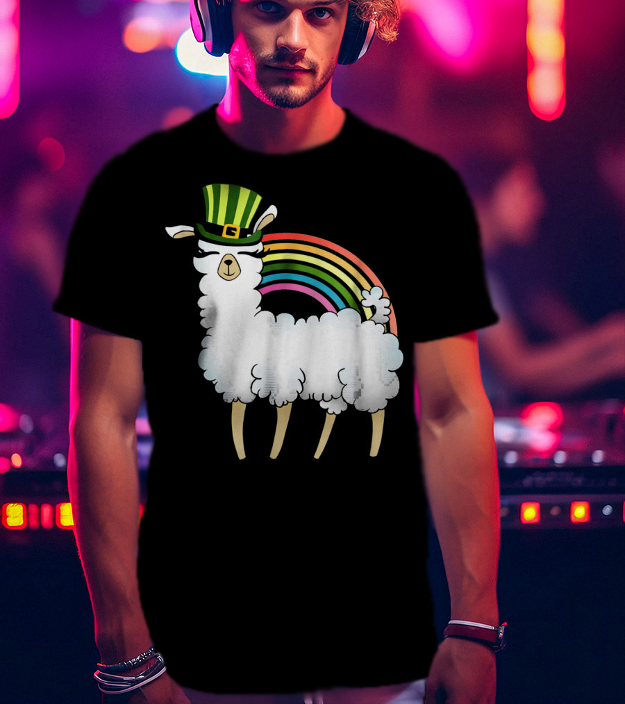 Llama In St Patrick's Day Hat With Rainbow T-Shirt