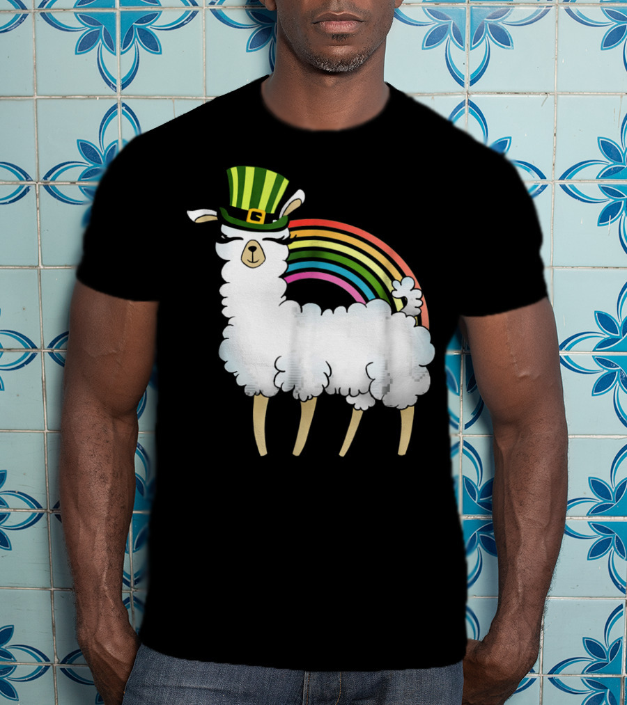 Llama In St Patrick's Day Hat With Rainbow T-Shirt