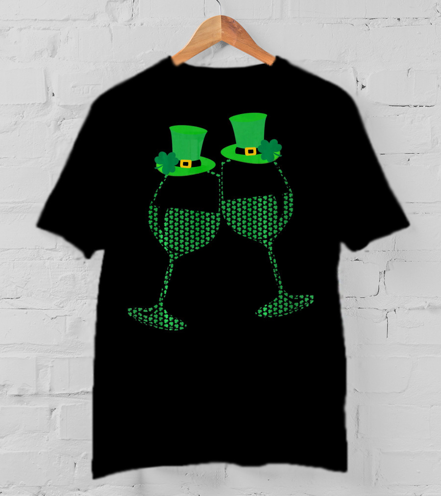 Wine Glasses Shamrock Leprechaun Hats St. Patrick's Day T-Shirt