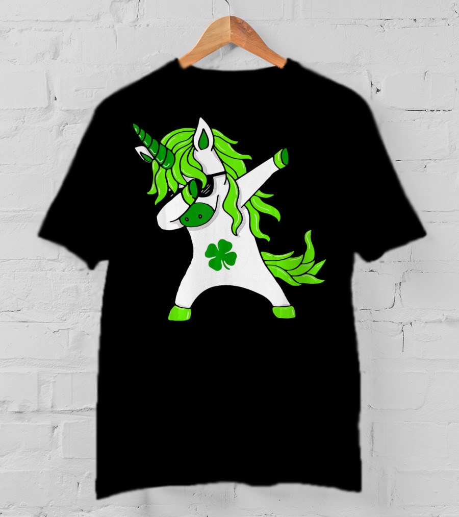 Mens Womens Dabbing Unicorn With Green Shamrock And Hair T-Shirt