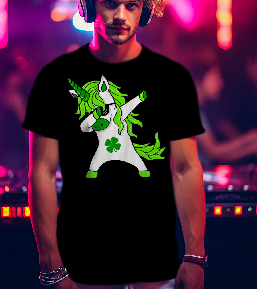 Mens Womens Dabbing Unicorn With Green Shamrock And Hair T-Shirt
