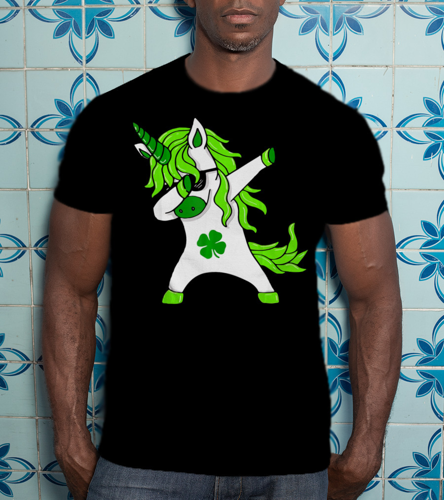 Mens Womens Dabbing Unicorn With Green Shamrock And Hair T-Shirt