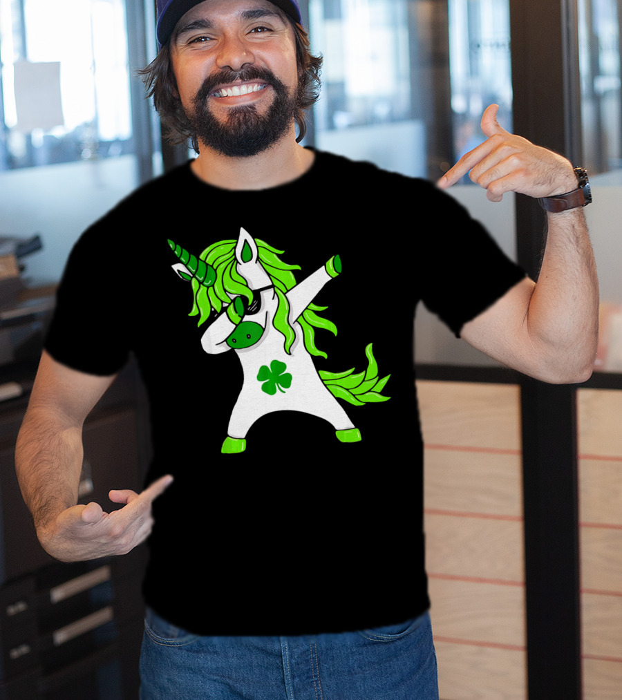 Mens Womens Dabbing Unicorn With Green Shamrock And Hair T-Shirt
