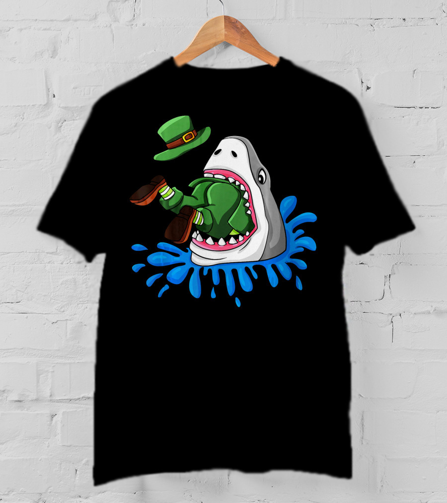 Shark Devours Leprechaun Wearing Green Outfit With Dropped Hat In Water Splash T-Shirt