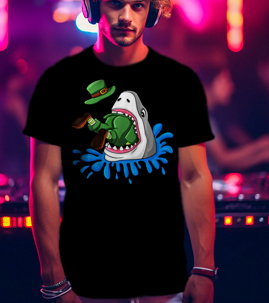 Shark Devours Leprechaun Wearing Green Outfit With Dropped Hat In Water Splash T-Shirt