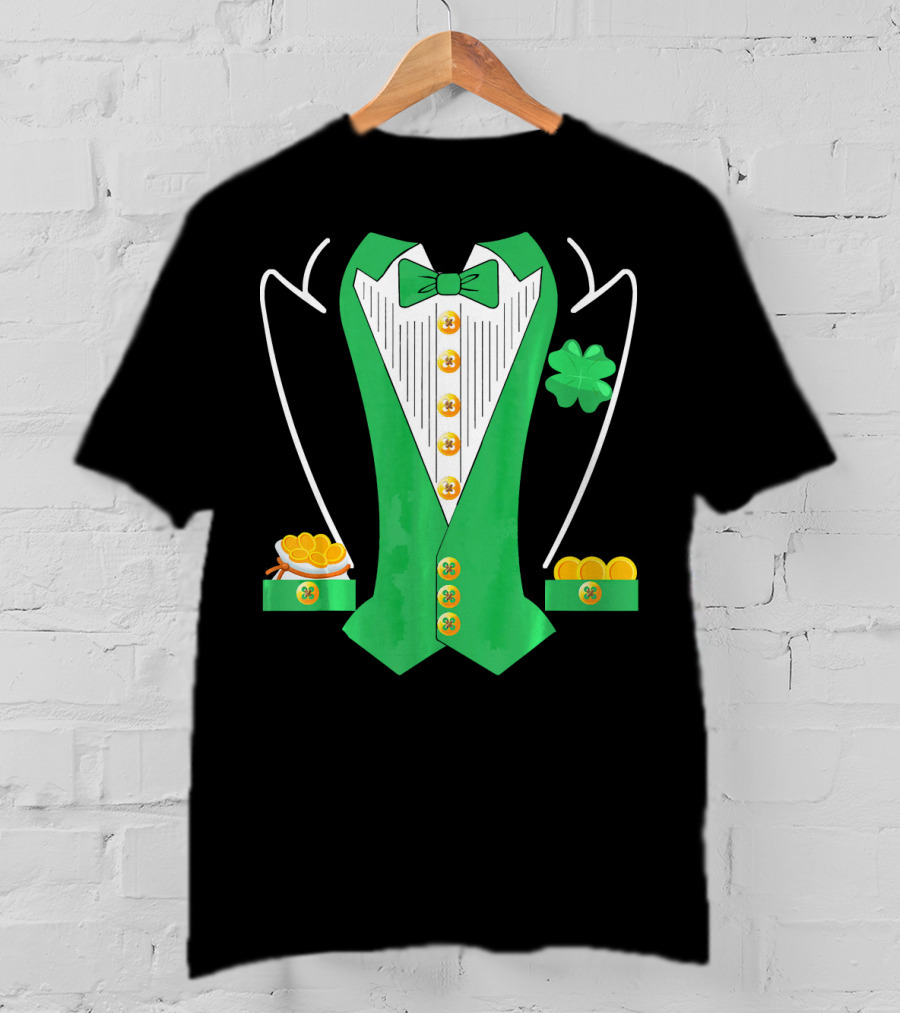 Leprechaun Costume Girl Green Suit Bow Tie Clover Gold Coins T-Shirt
