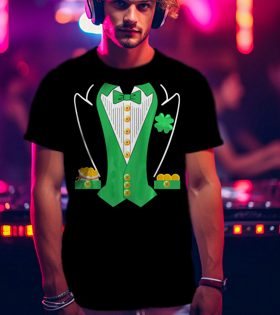 Leprechaun Costume Girl Green Suit Bow Tie Clover Gold Coins T-Shirt