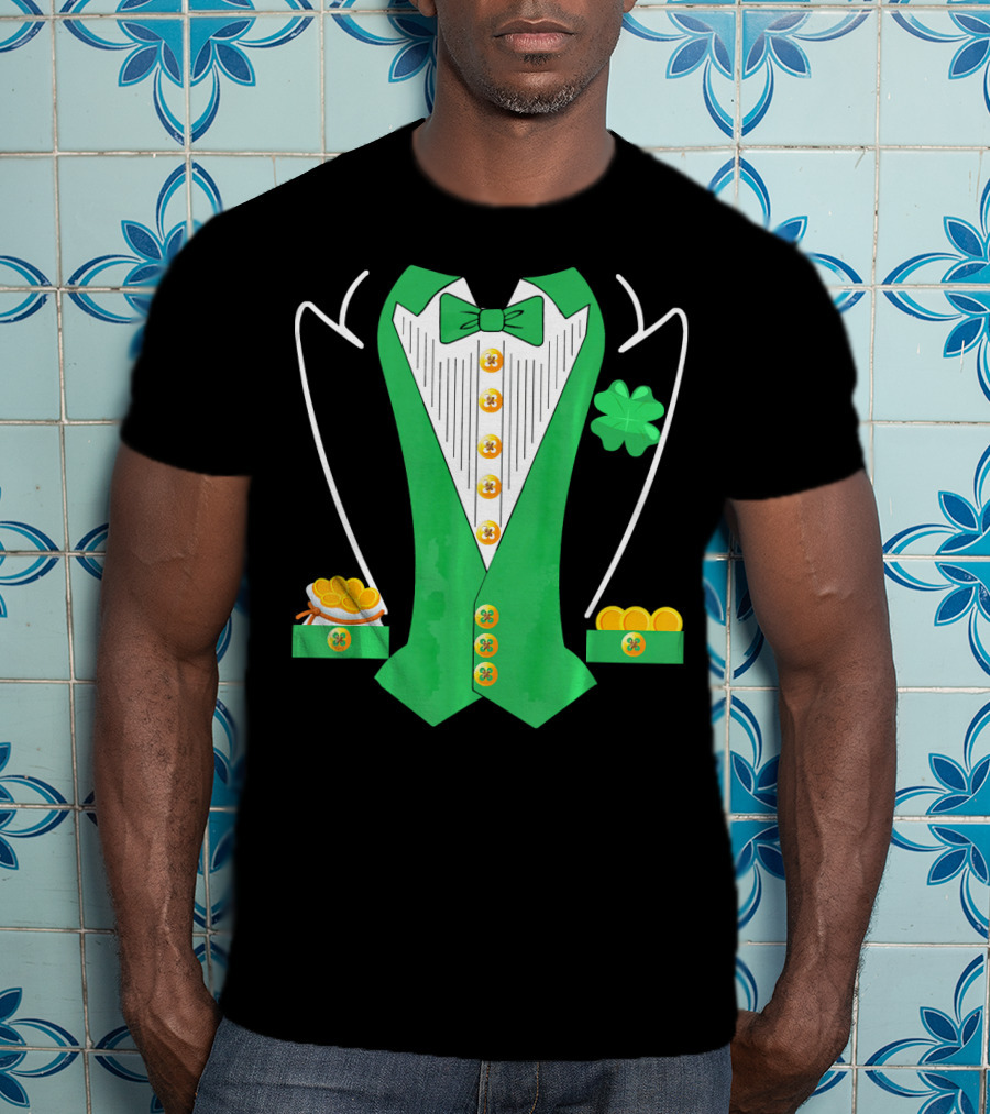 Leprechaun Costume Girl Green Suit Bow Tie Clover Gold Coins T-Shirt