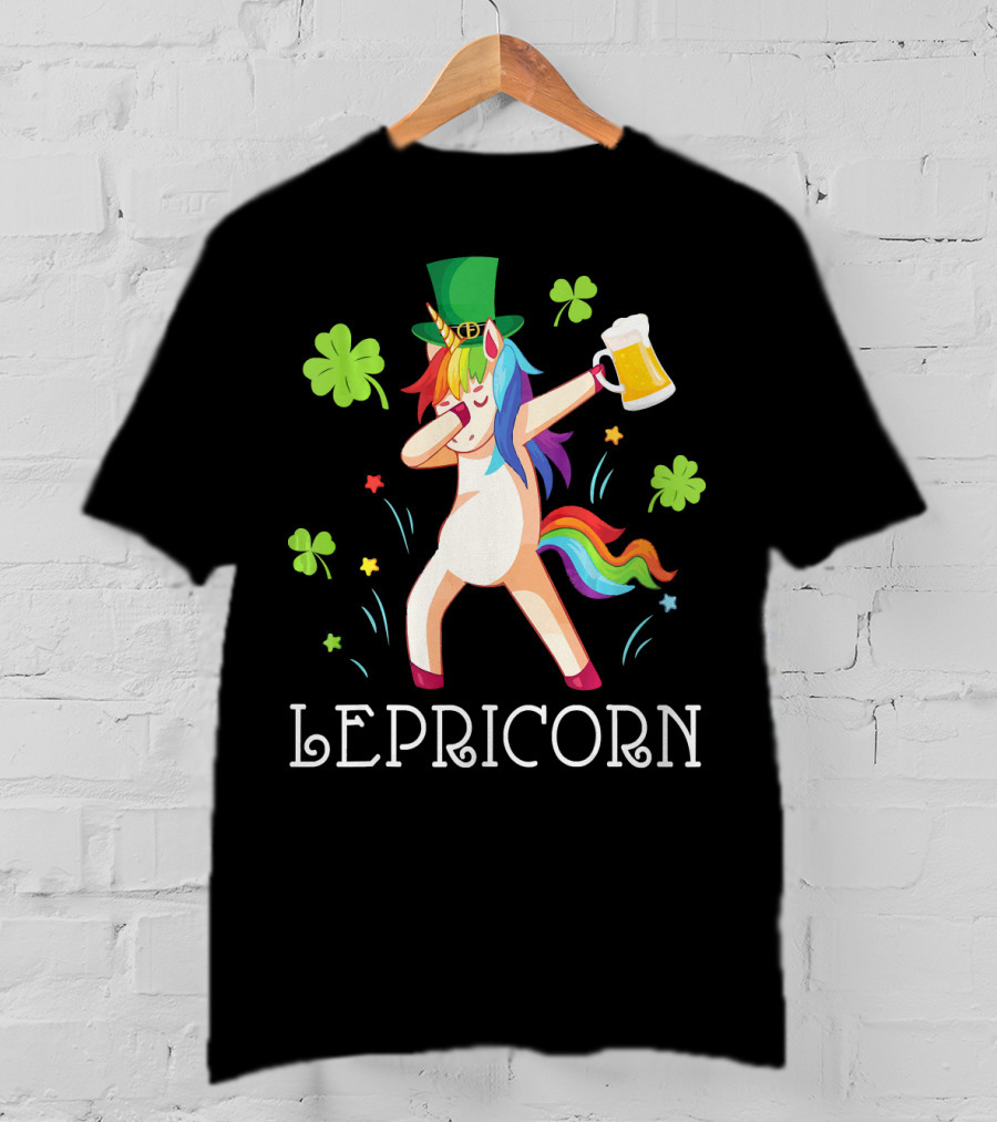 Leprechaun Unicorn Dabbing Drinking Beer With Shamrocks And Rainbow Tail T-Shirt