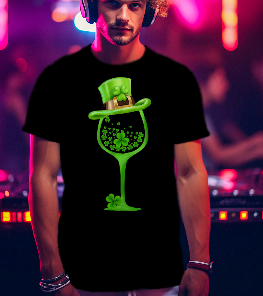 Shamrock Wine Glass With Green Top Hat For St Patricks T-Shirt