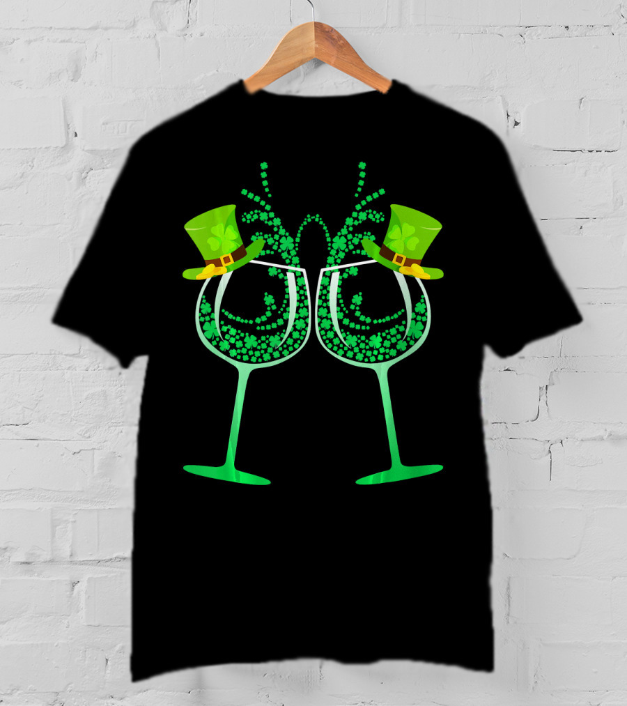 Wine Glass Leprechaun Shamrock Funny Drinking T-Shirt