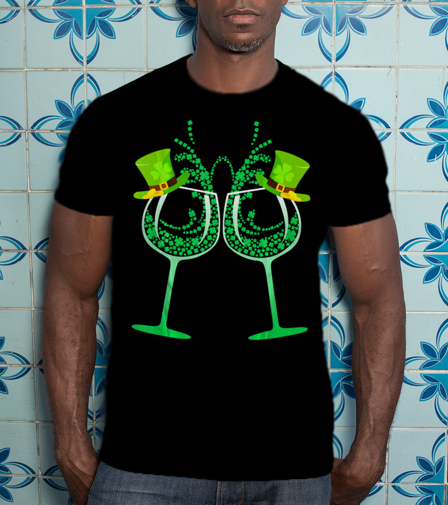 Wine Glass Leprechaun Shamrock Funny Drinking T-Shirt