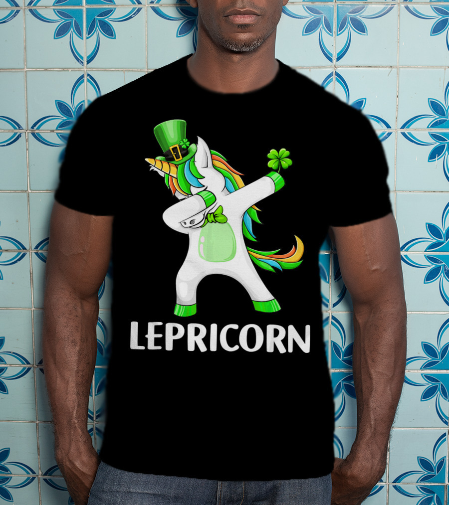 Lepricorn Dabbing Leprechaun Unicorn With Rainbow Mane And Green Hat T-Shirt