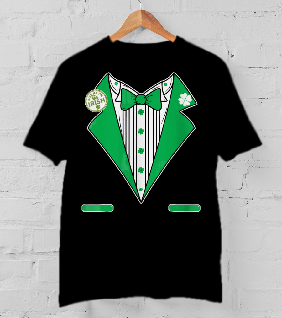 St. Patricks Day Tux Green Kiss Me I'm Irish Bow Tie Four-Leaf Clover T-Shirt