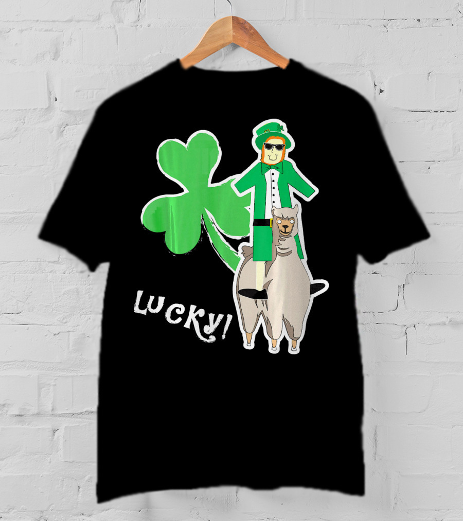 Lucky Leprechaun Riding Llama With Shamrock Irish T-Shirt