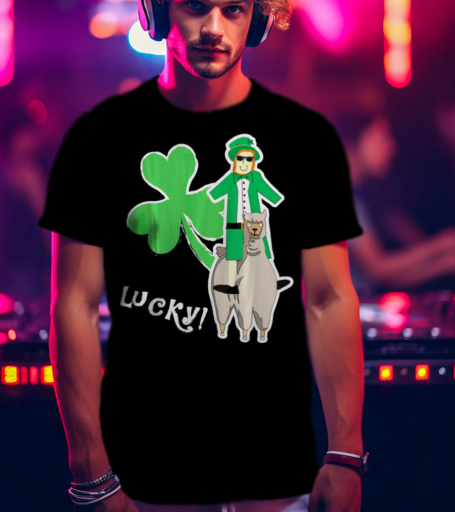 Lucky Leprechaun Riding Llama With Shamrock Irish T-Shirt