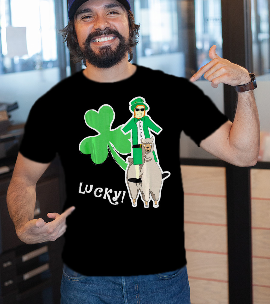 Lucky Leprechaun Riding Llama With Shamrock Irish T-Shirt