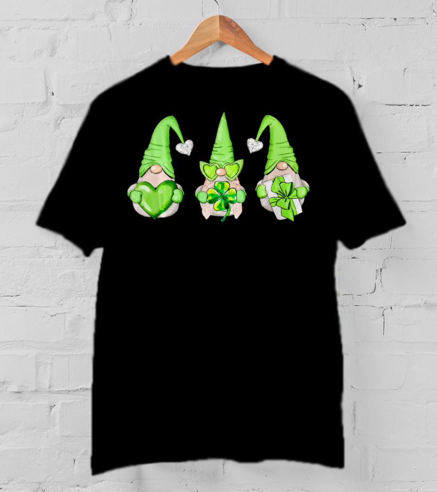 Cool Green Gnomes With Leprechaun Shamrock Hearts And Gifts T-Shirt