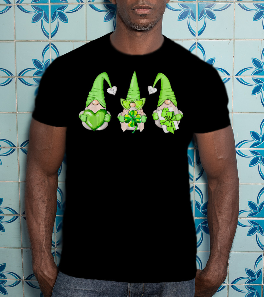 Cool Green Gnomes With Leprechaun Shamrock Hearts And Gifts T-Shirt