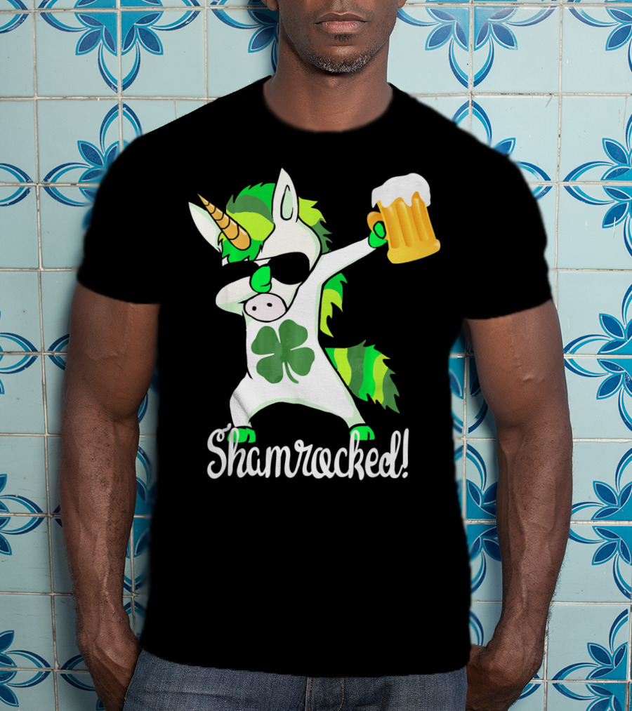Shamrocked Funny St. Patrick's Day Unicorn With Beer Mug T-Shirt