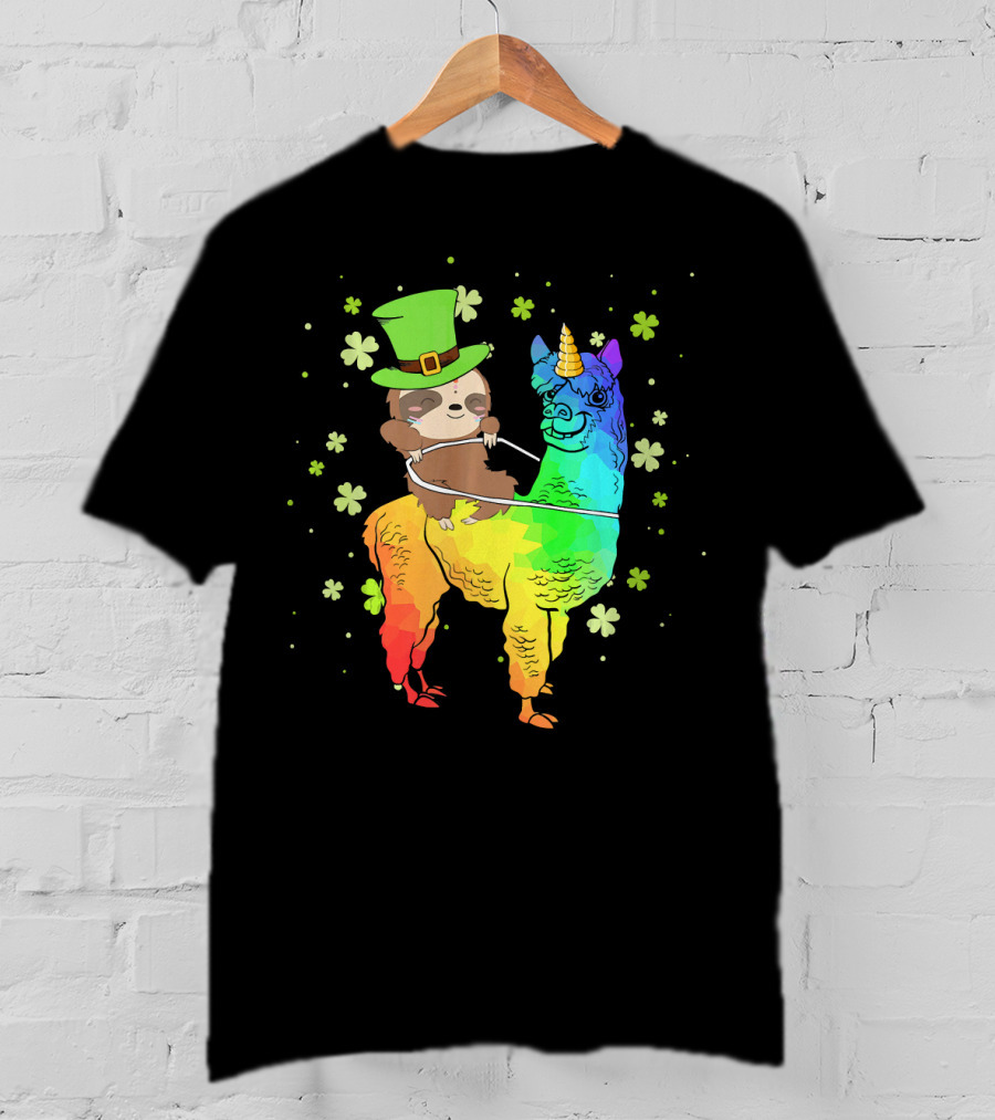 Leprechaun Sloth Riding Rainbow Llama Unicorn St Patrick's Clover T-Shirt