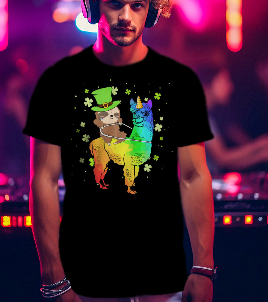 Leprechaun Sloth Riding Rainbow Llama Unicorn St Patrick's Clover T-Shirt